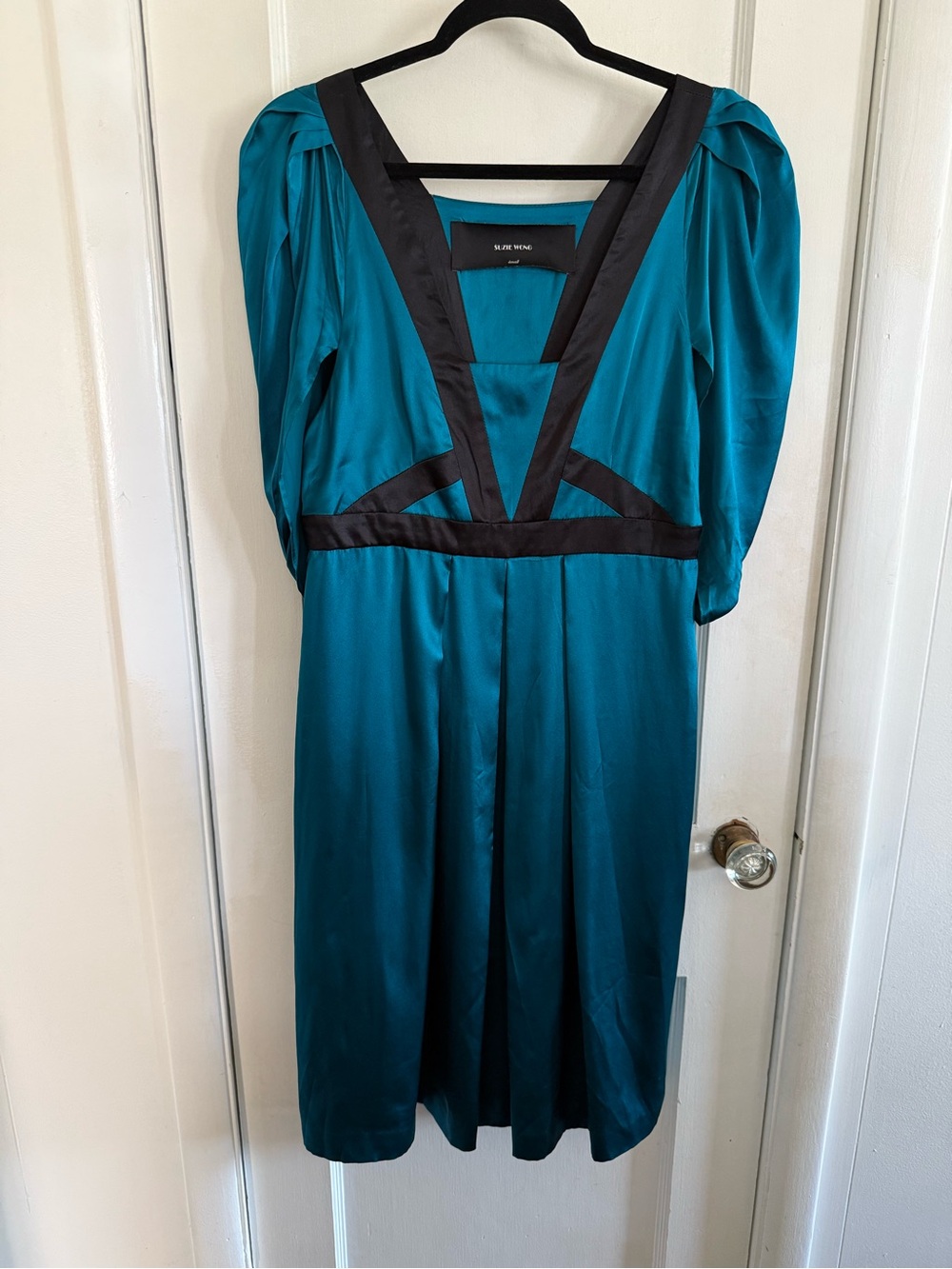 SUZIE WONG 100% SILK DRESS | Size Small Teal Black Puff Sleeve